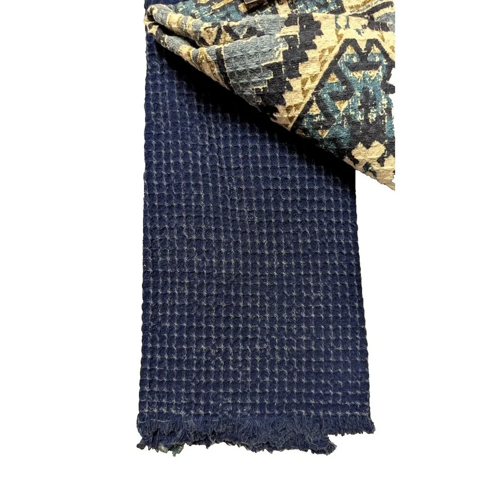 Nicole Miller Aztec Kitchen Towels Blue Cream Bohemian Print 3-pc Cotton NEW